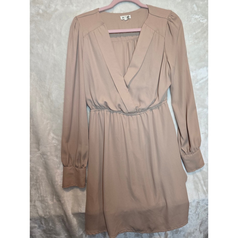Love Riche Womens Tan Beige Long Sleeve Surplice V-Neck Elastic Waist Dress L
